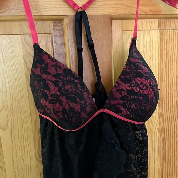 Secret Treasures Lace Lingerie M 8/10 Black Red Sleepwear Babydoll Corset Sheer - Picture 2 of 8